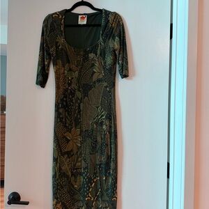 FARM Rio Olive & Mustard Botanical Scoop-Neck Midi Dress